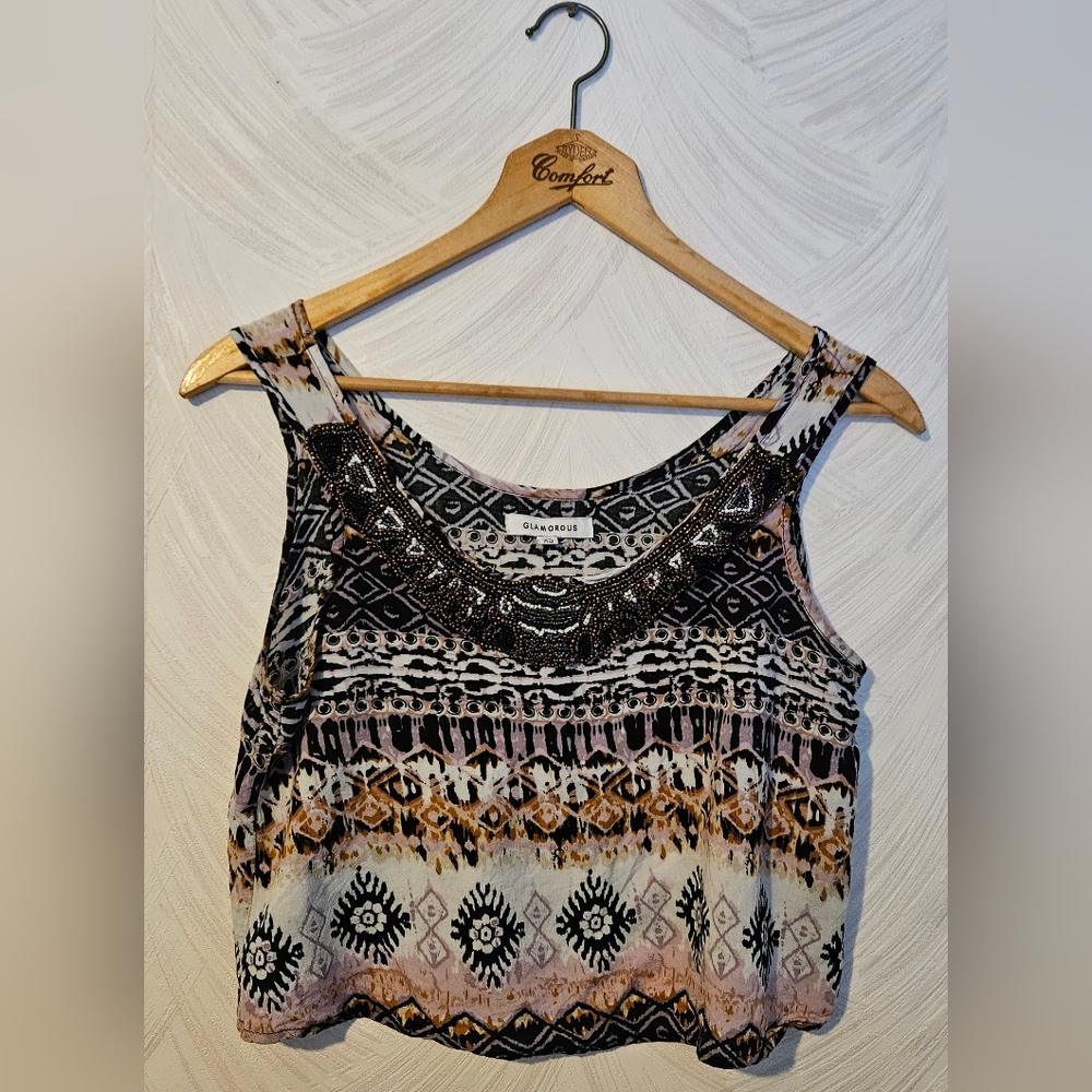 Glamorous Black, Cream and Tan Beaded Tribal Print Tank XS